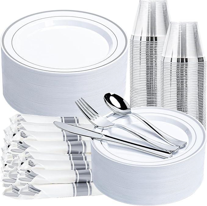 350PCS Silver Plastic Plates Dinnerware Set, Thanksgiving Disposable Plates, 50 Dinner and 50 Dessert Plates, 50 Pre Rolled Napkins with Silverware and 50 Cups for Party and Wedding