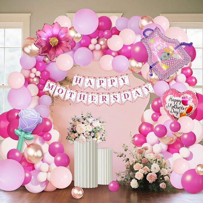 112PCS Mother's Day Balloons Arch Garland Kit Mothers Day Decorations Foil Mothers Day Balloon Flower Best Mom Balloon Latex Hot Pink Rose Gold Pink Balloons Happy Mother's Day Banner Birthday Decor