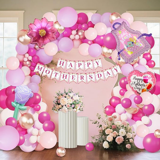 112PCS Mother's Day Balloons Arch Garland Kit Mothers Day Decorations Foil Mothers Day Balloon Flower Best Mom Balloon Latex Hot Pink Rose Gold Pink Balloons Happy Mother's Day Banner Birthday Decor