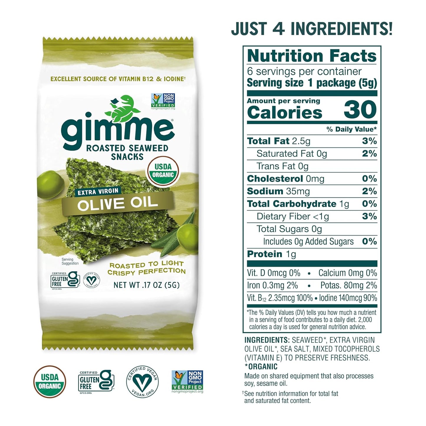 Gimme Seaweed Organic Premium Roasted Seaweed Snacks, Extra Virgin Olive Oil, 6 Count, Keto, Vegan, Gluten-Free, Great Source of Omega3s and Iodine, Healthy On-The-Go Snack for Kids and Adults