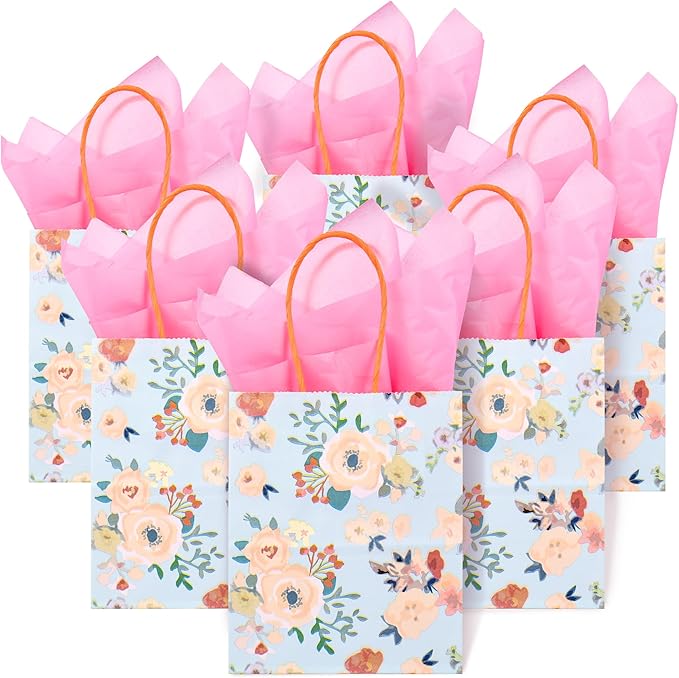 24 Pack Mini Floral Paper Gift Bags Small Green Party Favor Bags with Handles and Pink Tissue Paper for Wedddings, Bridal Baby Showers, Birthdays, Tea Parties 6.5x5.5x3 Inch (Spring Flowers)