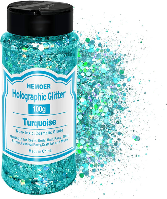 HEMOER Turquoise Glitter, 100g/3.5oz Holographic Chunky Glitter Mixed Hexagon Chunky & Fine Flakes Cosmetic Iridescent Sequins for Epoxy Crafts, Resin, Nail Body, Tumblers, Party Decoration