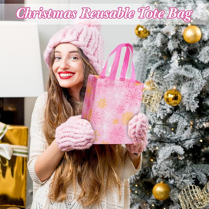 Wovnet 30 Pcs Christmas Bags Bulk Pink Snowflake Winter Merchandise Gift Bags with Handles Reusable Non Woven Tote Shopping Goodie Pouch for Xmas Party Favors 10 x 8 x 4in