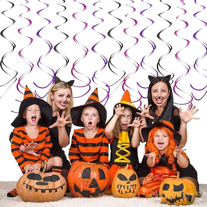 BEISHIDA Black Purple Pink Halloween Hanging Swirls Party Decorations Plastic Streamer for Ceiling, Halloween Party, Birthday Bachelorette Baby Shower Party Supplies, Pack of 30