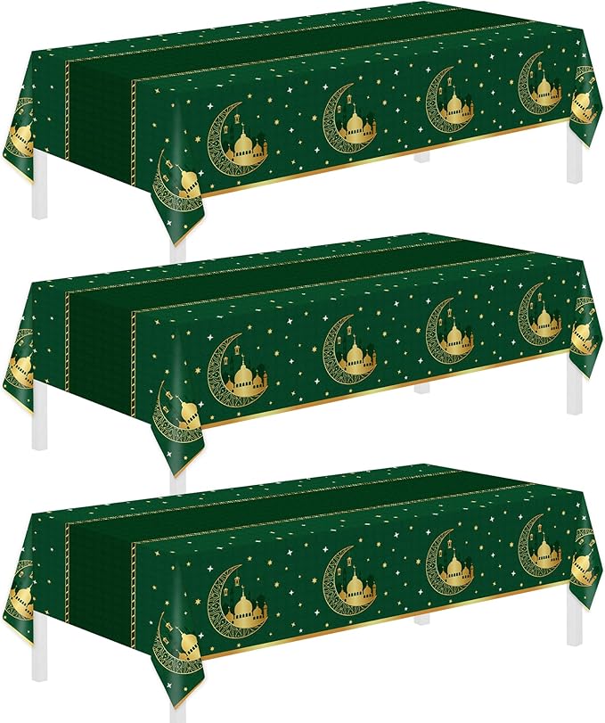 Childom 3 Pack Ramadan Table Cloth,Ramadan Decorations for Home,54" x 108" Eid Mubarak Decorations,Eid Ramadan Tablecloths Rectangular,Green Plastic Table Cloth Disposable Table Cover for Party Favors