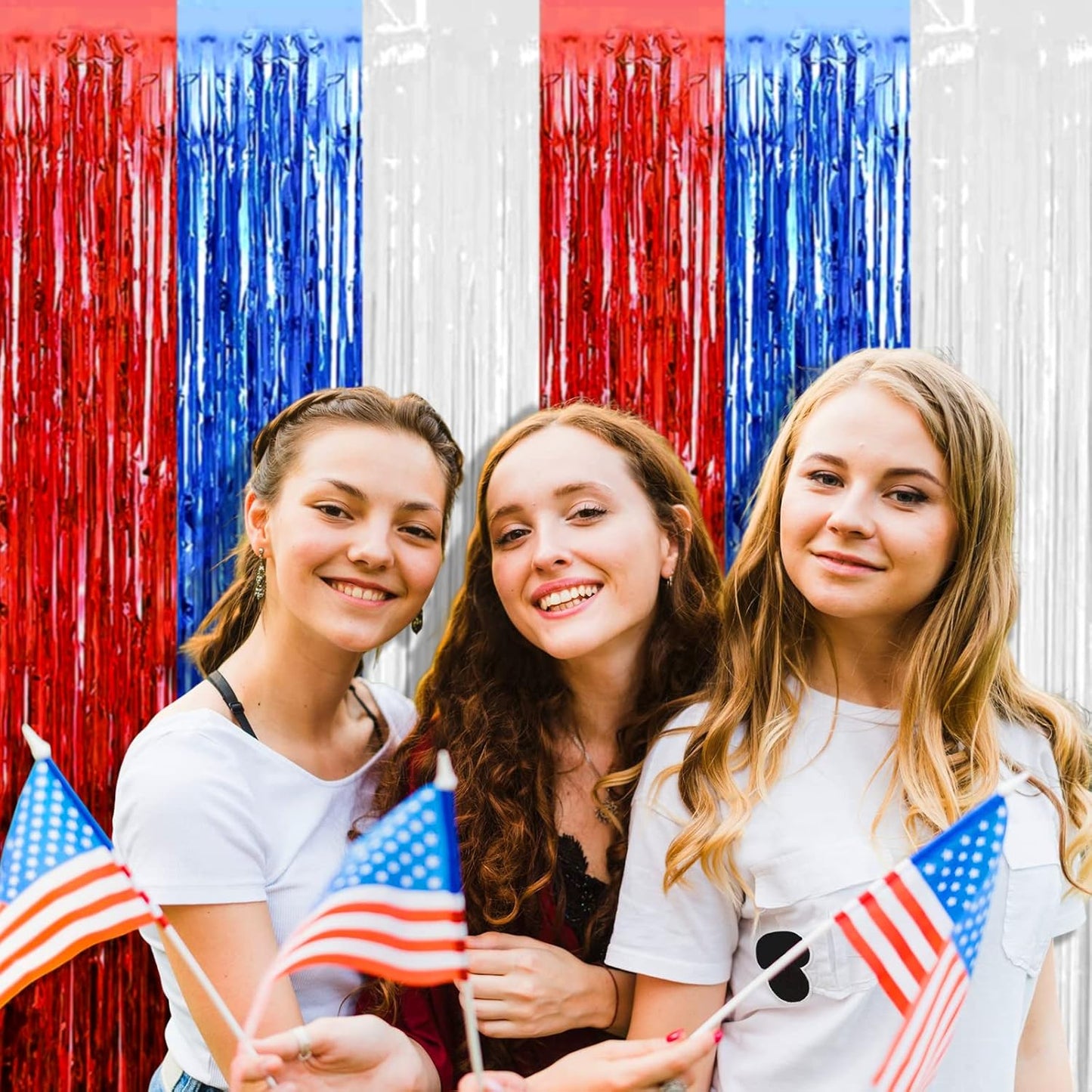 4 Pack Red Blue White Foil Fringe Curtain Backdrop, 3.28Ft x 6.56Ft Metallic Tinsel Foil Fringe Streamers Curtains for Photo Booth, Wedding, Mardi Gras, Birthday, Independence Day Party Decoration