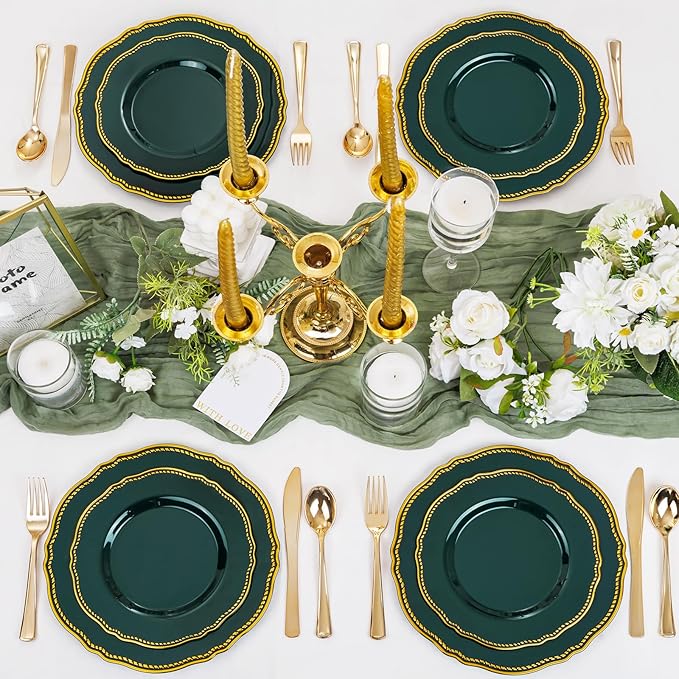 Hioasis 60pcs Green Plastic Plates - Green and Gold Disposable Dinnerware with Gold Rim, Heavy-duty, 7.5 inch, Dessert Plates for Party & Christmas& St. Patrick's Day