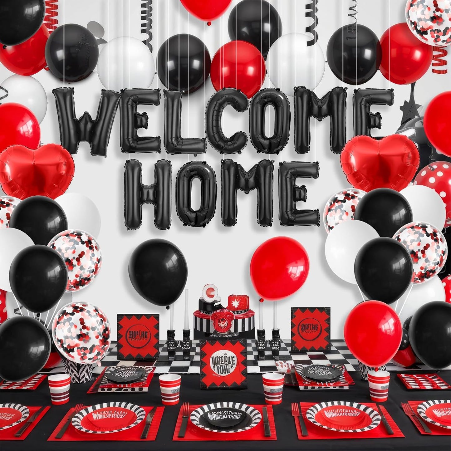 Welcome Home Decorations Black Red,Welcome Home Foil Balloon Banner with Confetti Balloons,Red Heart Balloons for Housewarming Baby Shower Home Family Party Supplies