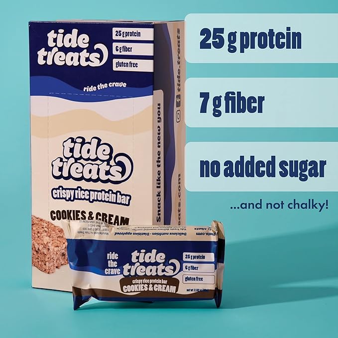 25g Protein Bar Crispy Rice Treat Cookies & Cream | Clean Ingredients, No Added Sugar, 7g Fiber, Gluten Free | High Protein Snack for On-the-Go, Post-Workout or Dessert Cravings | 8 Count | Tidetreats