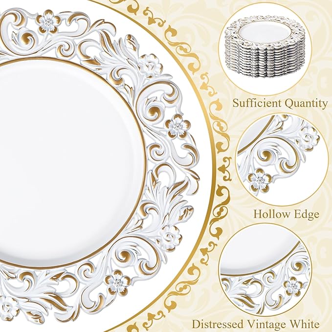 12 Pcs Antique White Charger Plates Bulk 13 Inch Embossed Rim Plastic Round Decorative Plates Charger for Dinner Wedding Party Event Table Setting Decoration (Hollowed out Flowers)