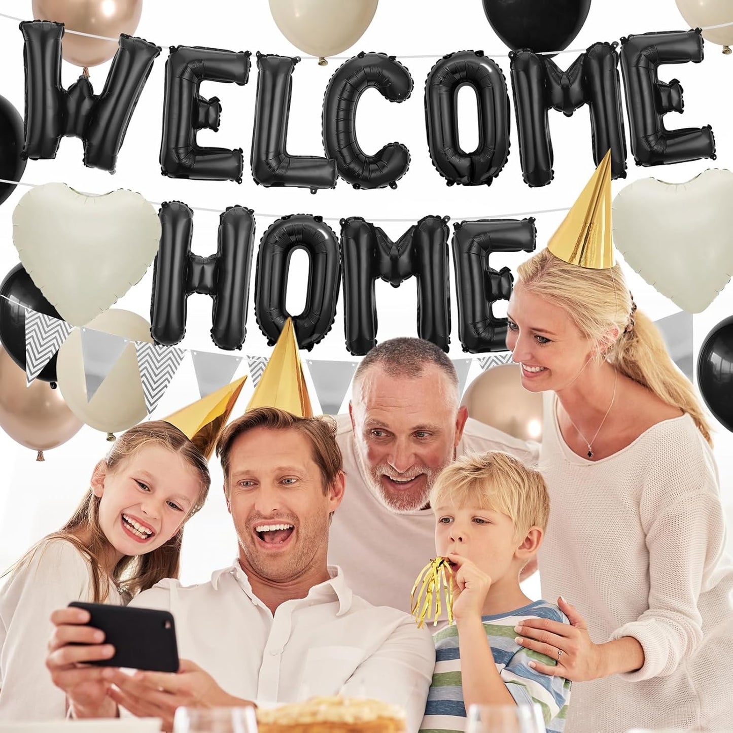 Welcome Home Decorations Black White Gold,Black Welcome Home Foil Balloon Banner with Sand White Heart Balloons Pennant Flag Bunting for Housewarming Baby Shower Family Party Supplies