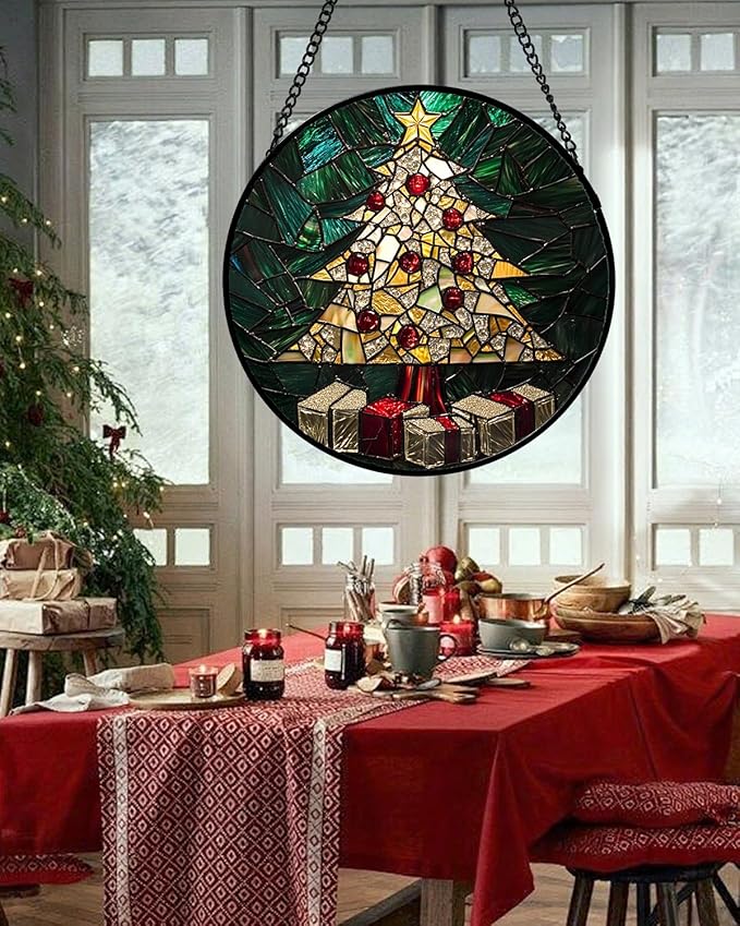 Stained Glass Window Hanging -Golden Christmas Tree Suncatcher for Doors Home Christmas Decoration Winter Sun Catcher Thanksgiving New Year Birthday Gifts for Women Men Mom Nana Girl 15 in