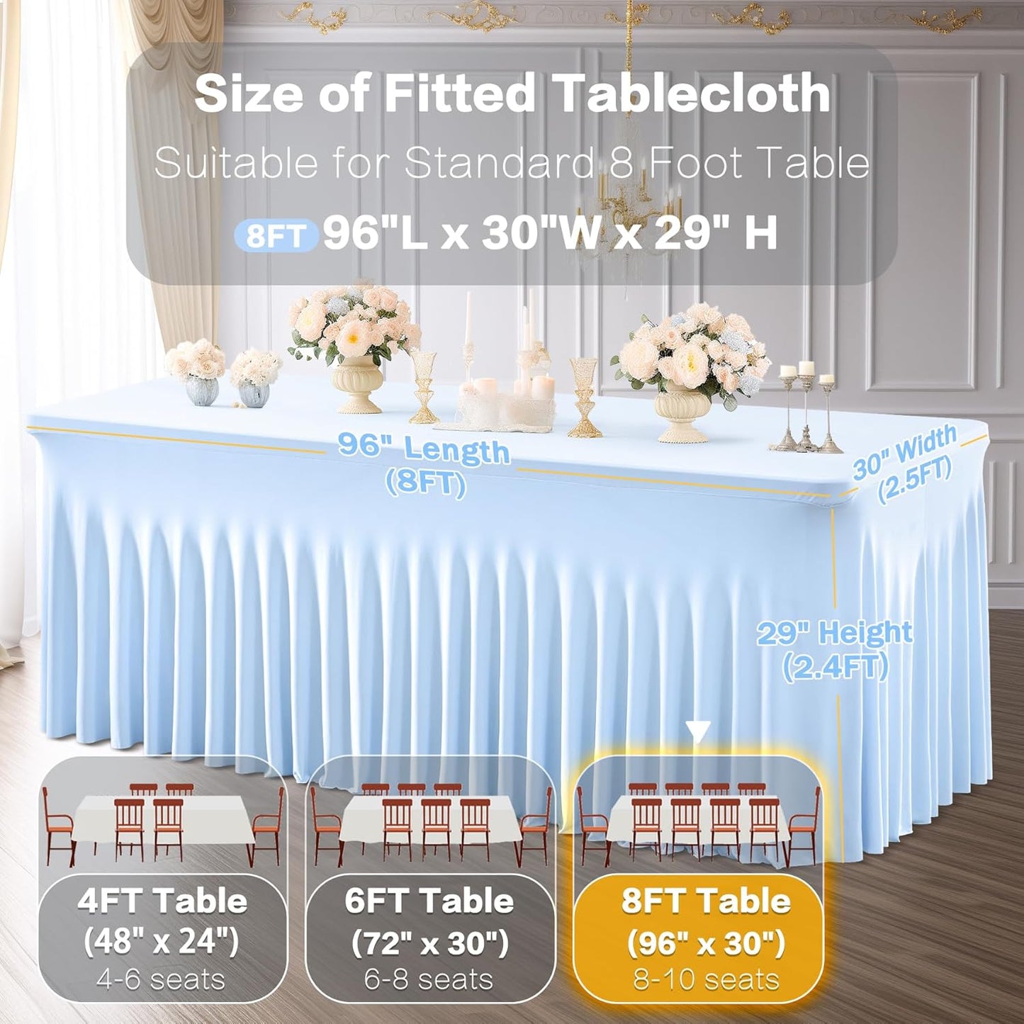 Baby Blue Spandex Table Covers 8ft, 6 Packs Fitted Table Covers for 6 Foot Tables Stretch Spandex Table Skirts Rectangle Tables for Event, Wedding, Banquet & Parties