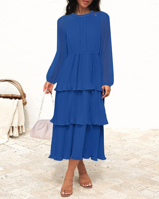 ZESICA Women's 2025 Long Sleeve Crew Neck Ruffle Tiered Layered Chiffon Flowy Swing Long Midi Dress