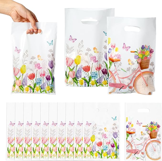 3sscha 50Pcs Spring Floral Tulip Party Favor Bags - Springtime Flower Plastic Waterproof Goodie Bag Bloom Butterfly Rectangular Gift Pack for Kids Birthday Baby Shower Decoration Party Supplies