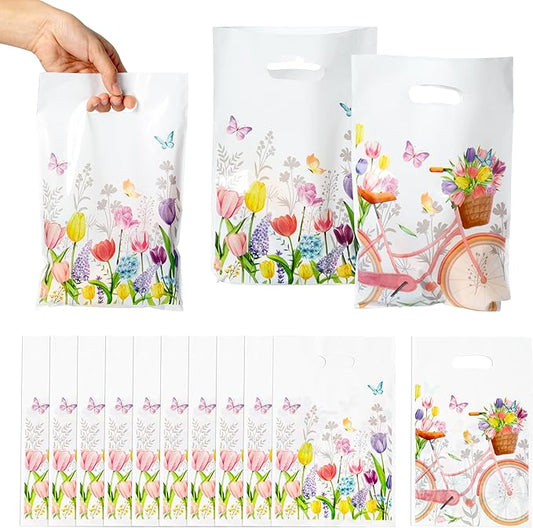 3sscha 50Pcs Spring Floral Tulip Party Favor Bags - Springtime Flower Plastic Waterproof Goodie Bag Bloom Butterfly Rectangular Gift Pack for Kids Birthday Baby Shower Decoration Party Supplies