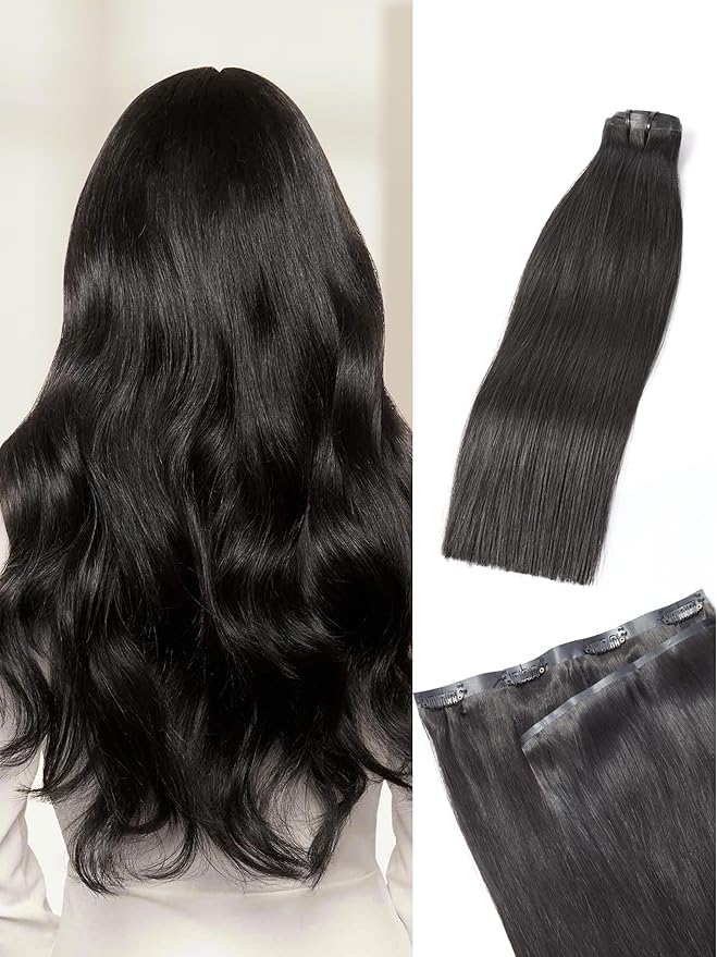 LUVME Straight Seamless 70g 4Pcs Clip in Hair Extensions Full Max with 14inch Remy Human Hair Clip ins Extensions, Natural Black 100% Real Soft Hair