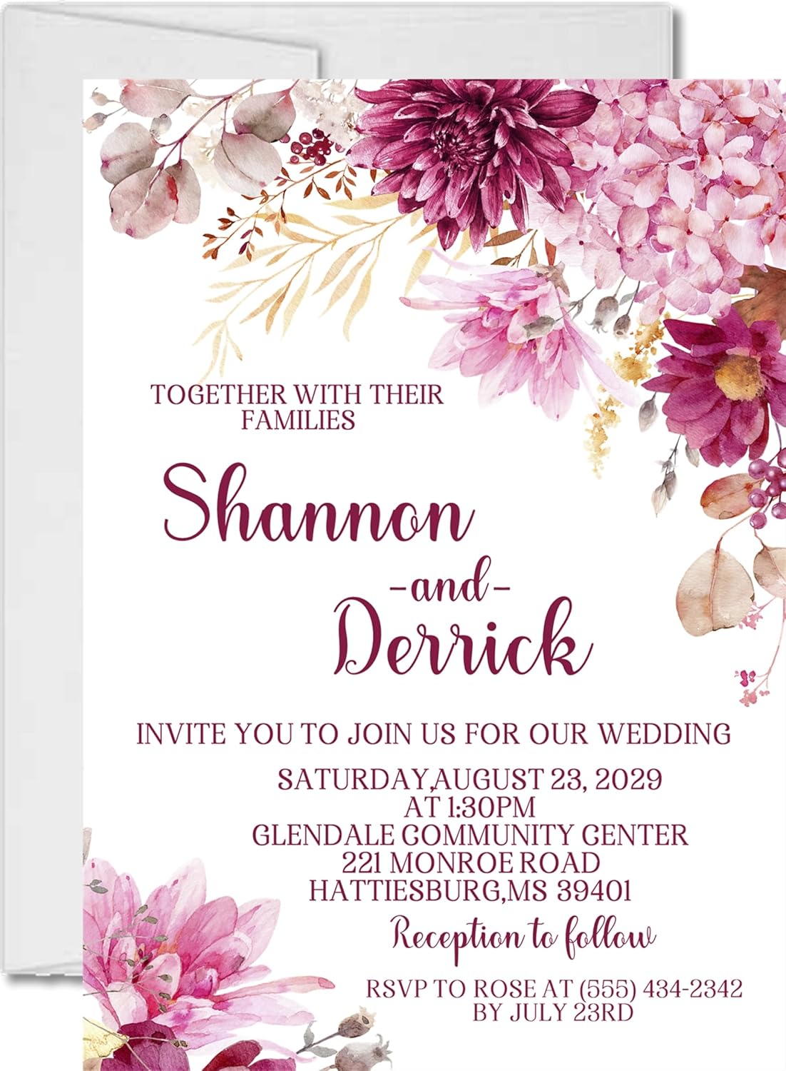 Pink Wedding Invitations, Shades of Pink Floral, Personalized, Set of 12 Invitations with Envelopes