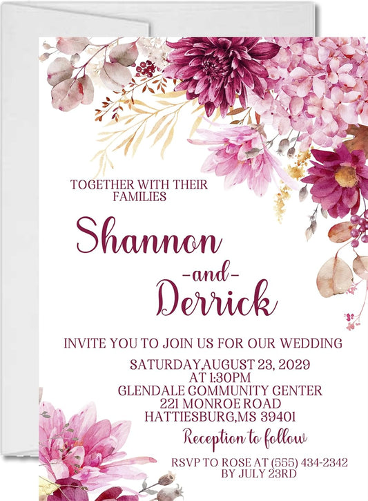 Pink Wedding Invitations, Shades of Pink Floral, Personalized, Set of 12 Invitations with Envelopes