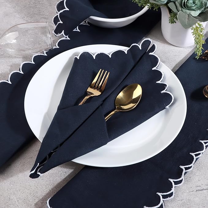 FINGERCRAFT Cloth Napkins, Everyday Use Reversible Scallop Design, Premium Quality Cotton Linen Blend Napkin Set of 6 Perfect for Parties Dinners Weddings Easter Napkin Cloth 20x20 inch Navy