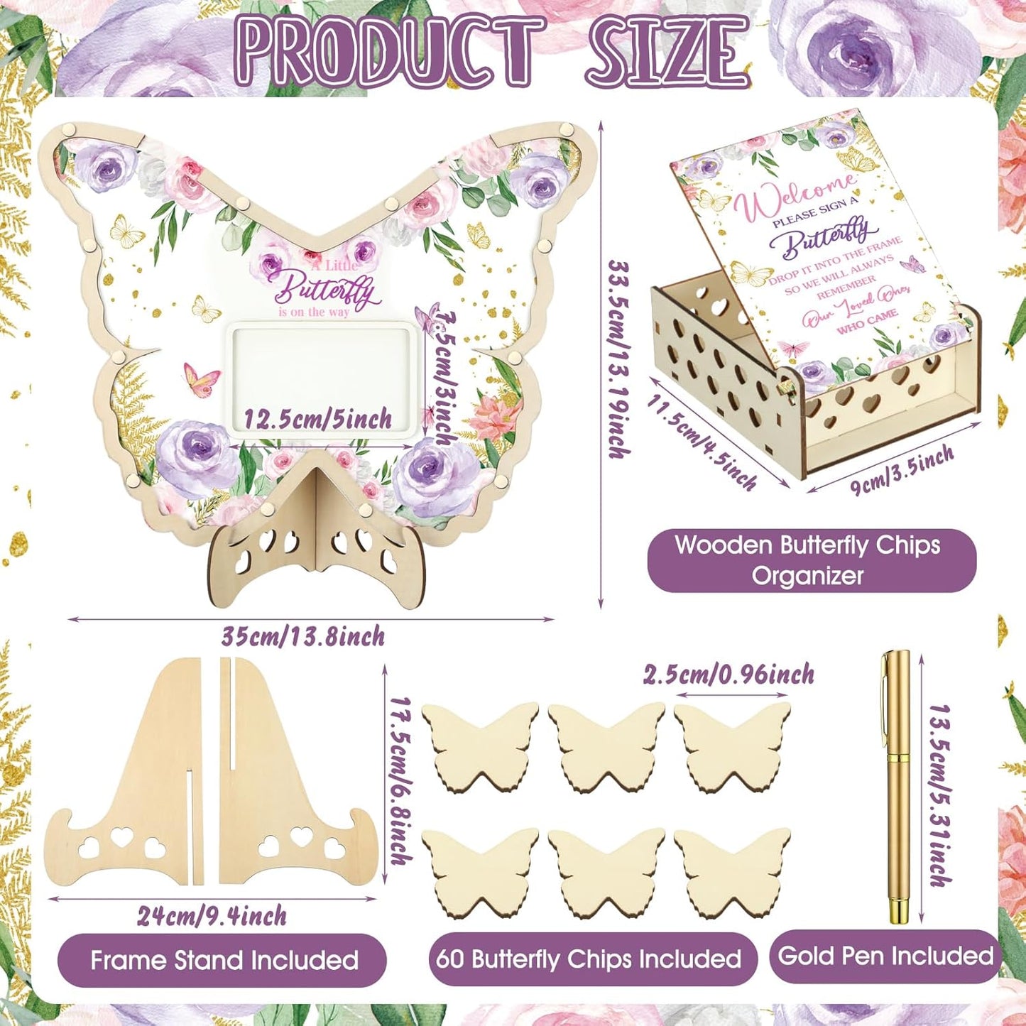 Wenqik 63 Pcs Butterfly Baby Shower Guest Book Alternatives Set Baby Shower Decorations with Photo Frame Sonogram Frame Keepsake 60 Wood Slices Guest Book for Birthday