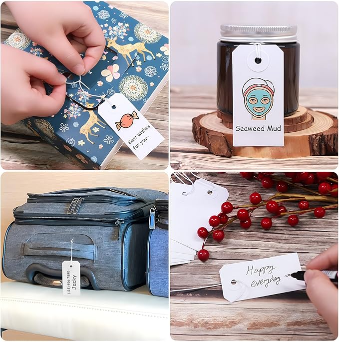 Coideal 200 Pcs Small Blank Marking Strung Tags - Writable Display Label Hang Tags with Elastic String (2 3/4" x 1 3/8")