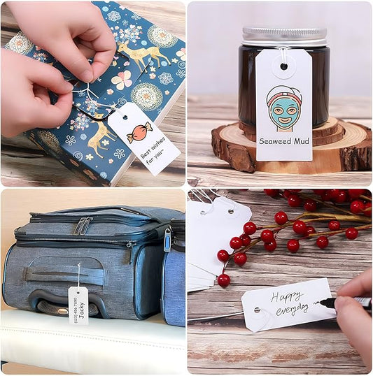 Coideal 200 Pcs Small Blank Marking Strung Tags - Writable Display Label Hang Tags with Elastic String (2 3/4" x 1 3/8")