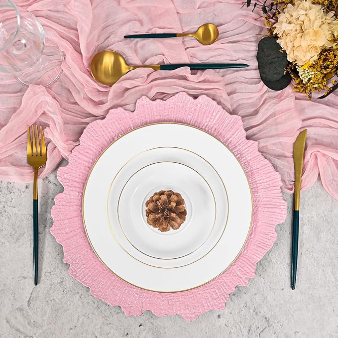 Pesonlook 24Pcs Pink Charger Plates Round 13inch, Reef Plate Chargers for Dinner, Bulk Plastic Floral Table Charger Plates for Dinner Wedding Party Event Table Setting Decoration(Pink)