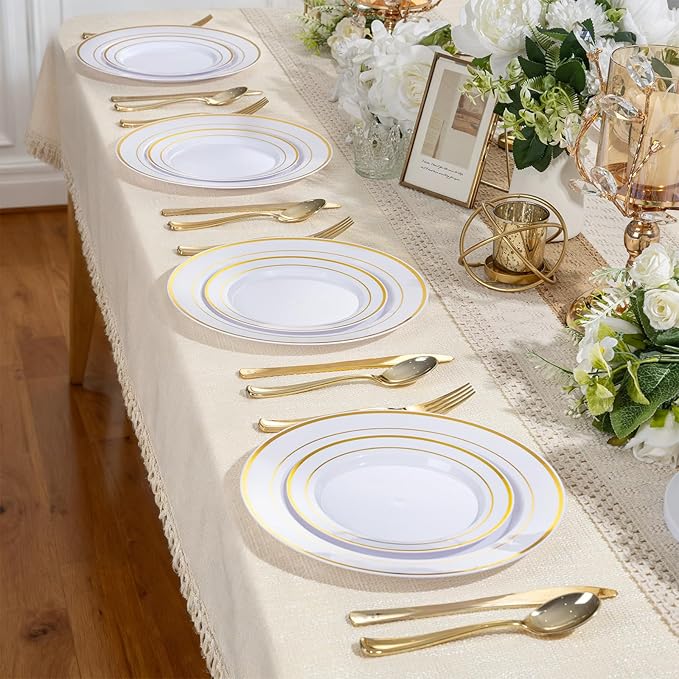 100Pcs Gold Plastic Dessert Plates, Plates Disposable Salad Plate with Gold Rim, Premium Hard Fancy Small Plate, Heavy Duty Plastic Cake Platos for Party, Wedding and Birthday