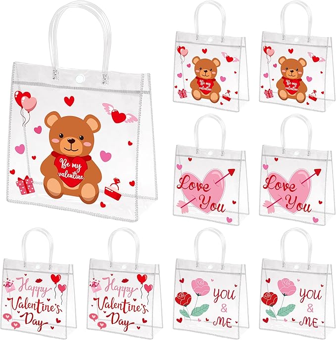H1vojoxo Valentine's Day Gift Bags - 24PCS Happy Valentine's Day Clear PVC Gift Bags with Handle 7.9x3.2x7.9 Inches Reusable Valentines Candy Goodie Bags for Classroom Kids Gift Exchange Party Favors