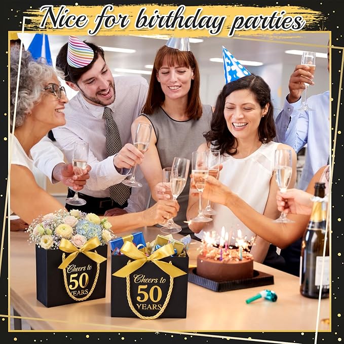 Moinchore 30 Pcs Black Gold 50 Birthday Paper Gift Bags Bulk 5.5 x 4.7 x 2.5 in Mini Cheers to 50 Years Favor Bags with Handles Bow Ribbon Wrap for Birthday Anniversary Wedding Day Party Supplies