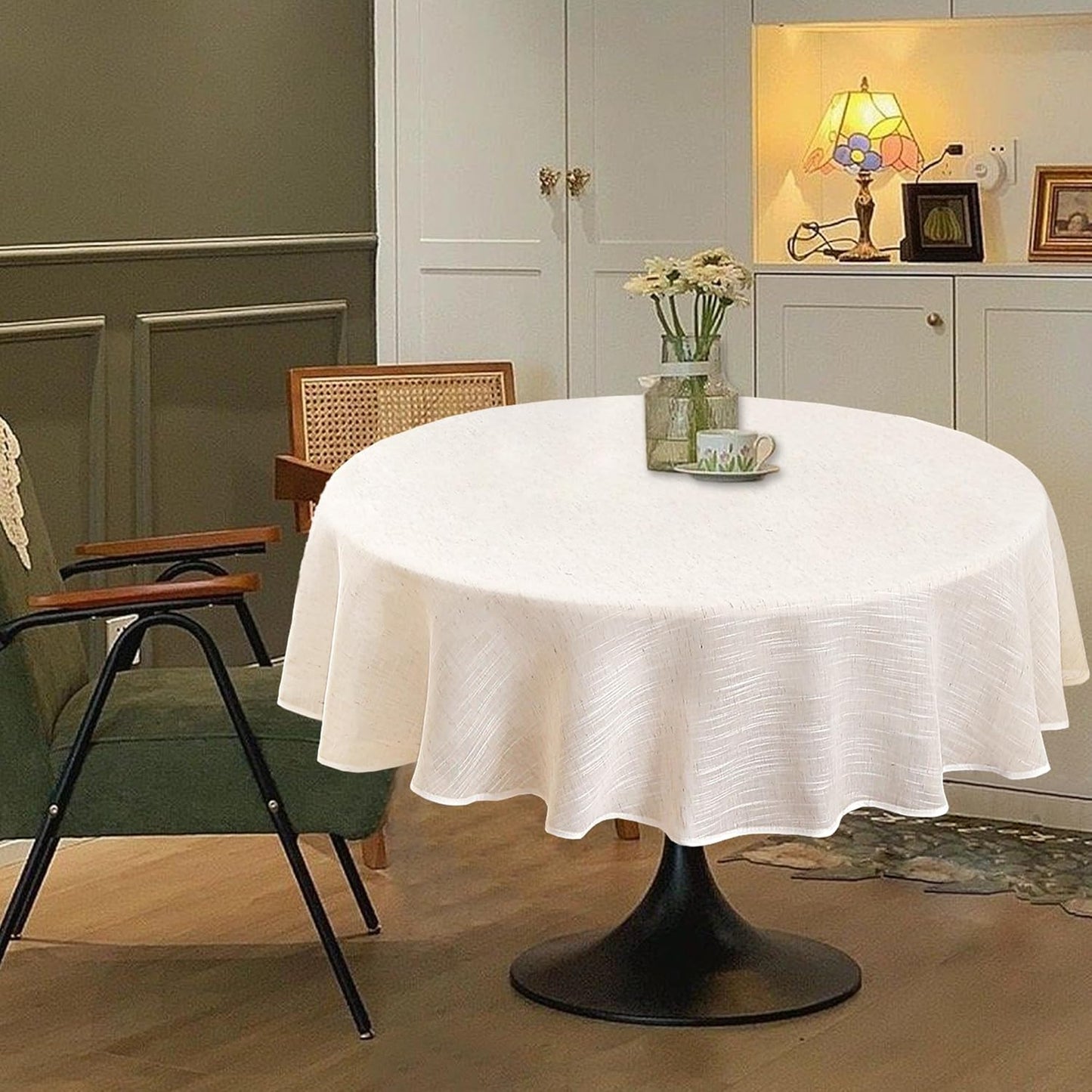 Natural Linen Textured Round Tablecloth, Slubby Lightweight Table Cloth 60 Inch, Water Resistant Stain Resistant Farmhouse Burlap Table Cover for Kitchen Dining Room