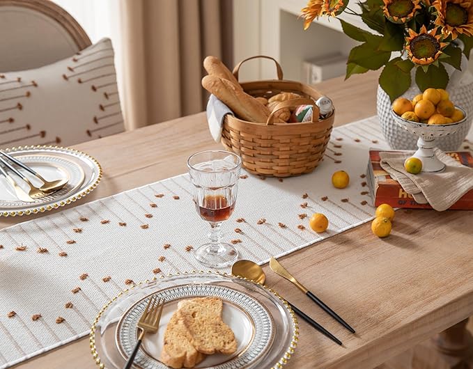 Boho Table Runner 13 x 48 Inch Long Natural Cotton Woven Runner with Tassels for Home Dining Table décor, for Modern Farmhouse Decor Coffee Table Runner, Brown and Beige