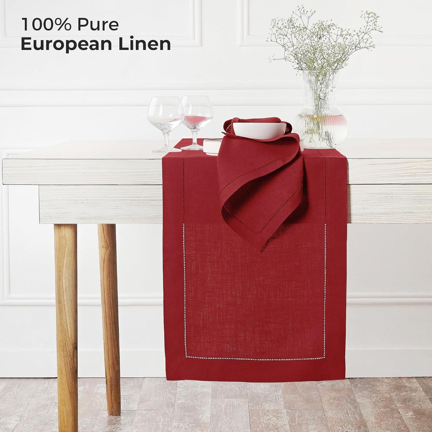 D'Moksha Homes Linen Red Table Runner 54 Inches - Classic Hemstitch, 100% Pure Linen Coffee Table Runner 14 x 54 Inch Ideal for Dresser Tables - Fall, Autumn and Halloween
