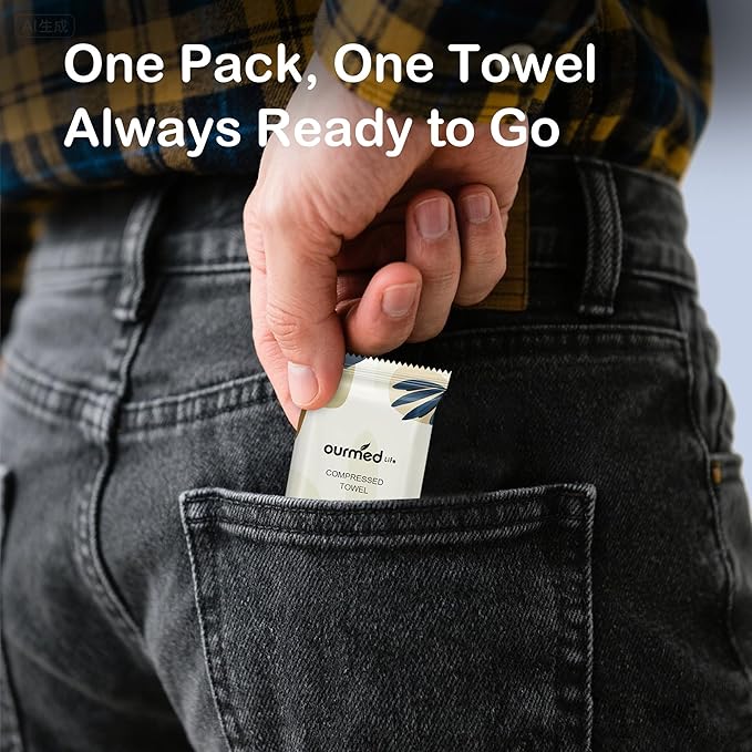 Ourmed Life Compressed Towel Tablets – Portable, Individually Wrapped Disposable Face Towels, Quickly Expand with Water, Soft & Lint-Free, 12‘’x10‘’ for Travel, Camping, Hiking, Backpacking (56 Count)