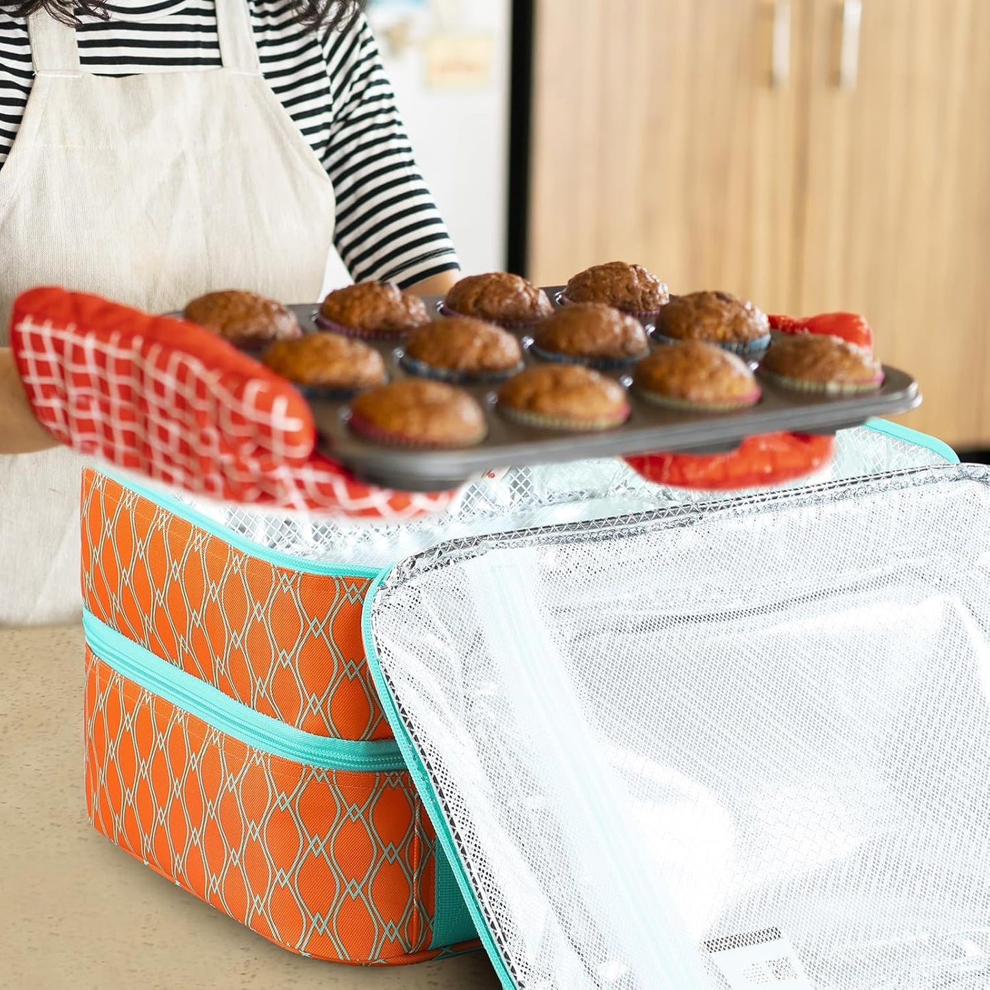 MIER Insulated Casserole Carrier Fits 9"x13" Baking Dishes/Foil Pans, Double Food Carriers Bag Thermal Holder for Hot or Cold Food Lasagna Lugger Potluck Parties Picnic Travel, Orange