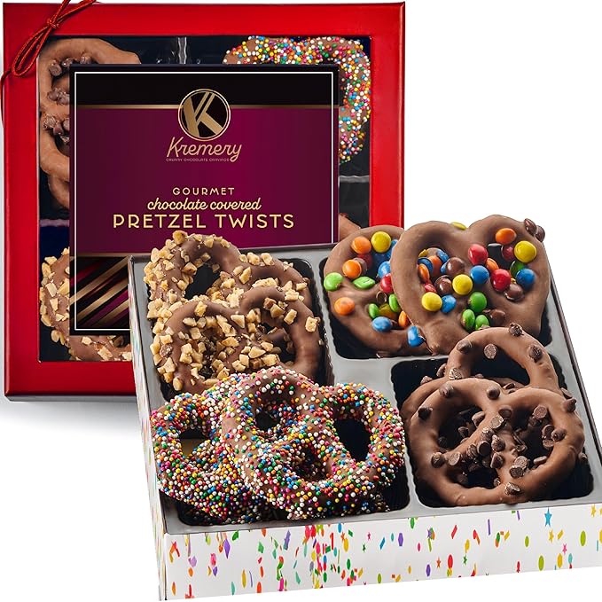 KREMERY Creamy Chocolate Cravings - Halloween Treats For Adults Chocolate Covered Pretzel Twists Gift Basket, in Brown Gift Box (12 Pretzels, Assorted Sweet Toppings) Holiday Xmas Christmas