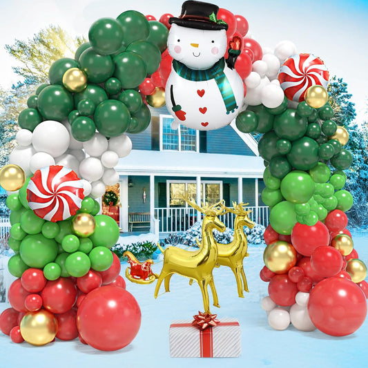 183Pcs Christmas Balloon Garland Arch Kit with Red Gold Green White and Xmas Gingerbread Candy Cane Lollipop Sled Reindeer Foil Balloons for Christmas Party New Year Decorations Supply
