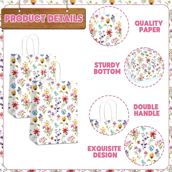 CHUNNIN Wildflower Gift Bags Spring Floral Welcome Flower Party Favors Wildflower Paper Candy Goodie Treat Bags with Handles for Garden Decorations Birthday Tea Bridal Shower Wedding Supplies