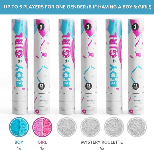 TUR Party Supplies Gender Reveal Roulette Game Kit (Blue, Pink & White) Fool Proof Confetti & Powder Cannons | 100% Biodegradable | 12 inch | Party Poppers for Boy or Girl Baby Shower Decorations