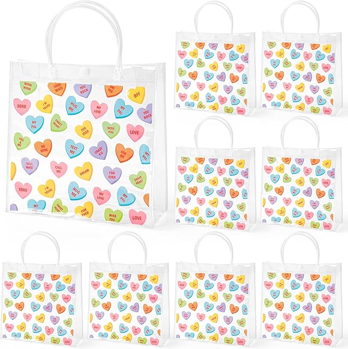 H1vojoxo Valentine's Day Gift Bags - 24PCS Wedding Conversation Heart Clear Bags 7.9x3.2x7.9 Inch Valentine Clear PVC Tote Bag with Handle Reusable PVC Gift Wrap Bag for Valentine Party Favor