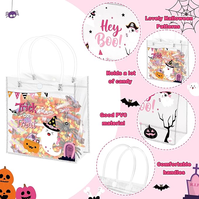 H1vojoxo Halloween Party Gift Bags - 24PCS Pink Halloween Clear PVC Gift Bags with Handle Trick or Treat Goodie Treat Tote Bag Reusable Hey Boo Pumpkin Tote Bag for Kid Pink Ghost Parties Favor Supply