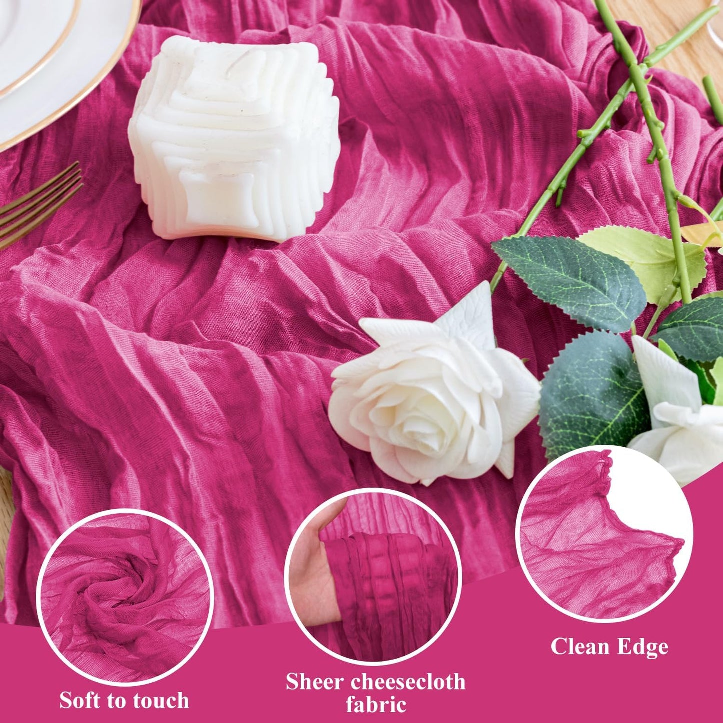 Wokceer Cheesecloth Table Runner 3Pack 10FT Fuchsia Boho Gauze Cheese Cloth Table Runner for Party Long Rustic Sheer Table Runners for Baby Bridal Shower Wedding Easter Table Decor