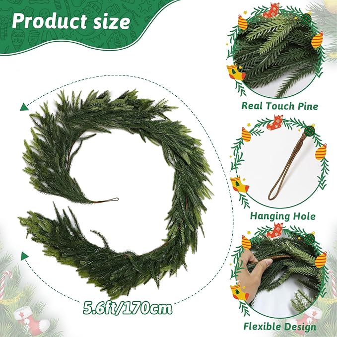 Uguisu 5.6FT Artificial Garlands, Lifelike Norfolk Pine Garlands with Realistic Texture, Artificial Greenery, Indoor/Outdoor Fireplace and Dining Table Decor.