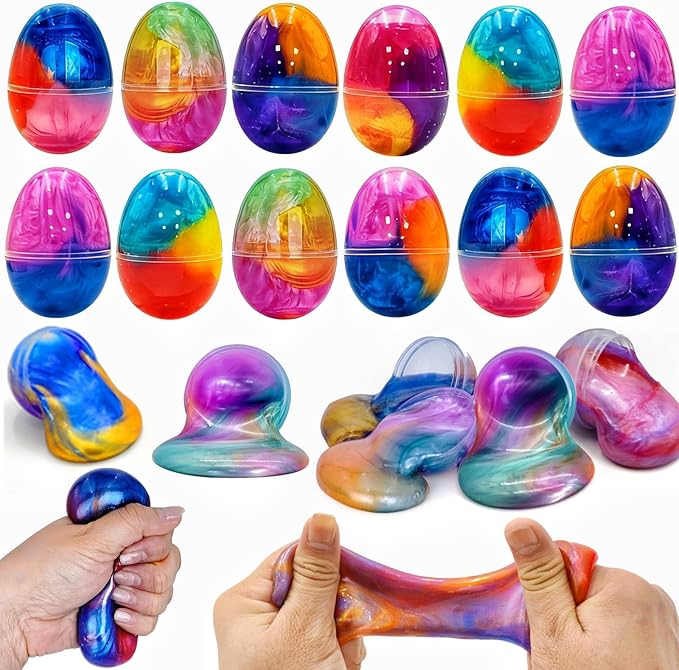 12 Pack Prefilled Easter Galaxy Slime Eggs,Galaxy Slime Easter Egg Fillers Stress Relief Easter Egg Hunt Filling Treats Classroom for Kid Teens Boy Girl Easter Basket Stuffers Easter Party Favor