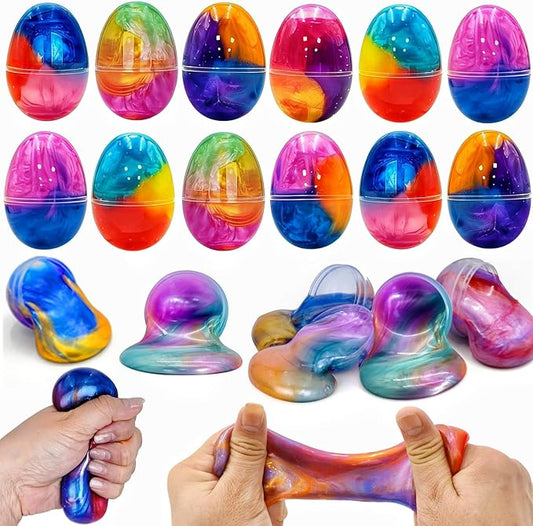 12 Pack Prefilled Easter Galaxy Slime Eggs,Galaxy Slime Easter Egg Fillers Stress Relief Easter Egg Hunt Filling Treats Classroom for Kid Teens Boy Girl Easter Basket Stuffers Easter Party Favor