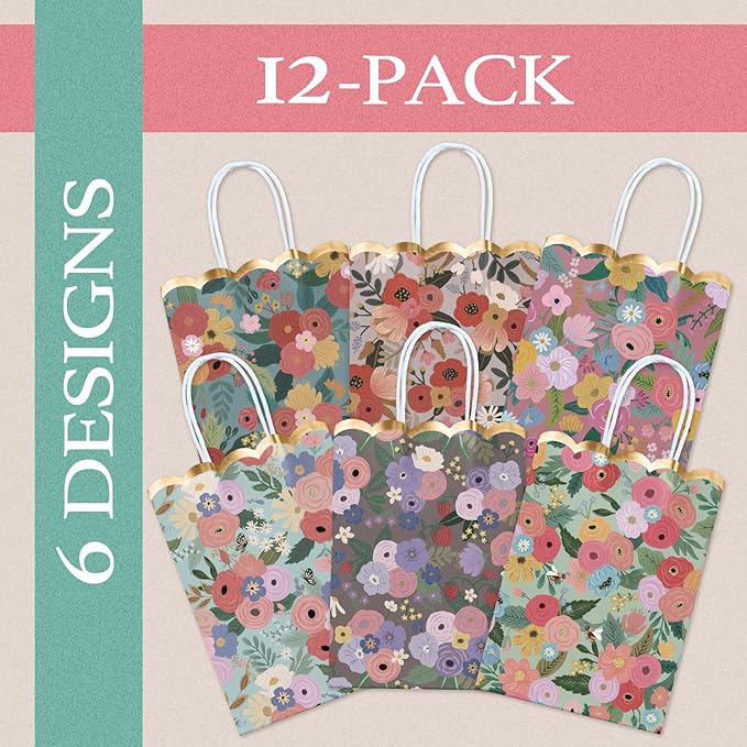 Small Gift Bags with Handles, 12-Pack Paper Party Favor Goodie Bags, 5.82 x 3.15 x 8.18 Inches, 6 Designs in Wildflower Whimsy, Ideal for Birthdays, Baby Showers, and Christmas Parties