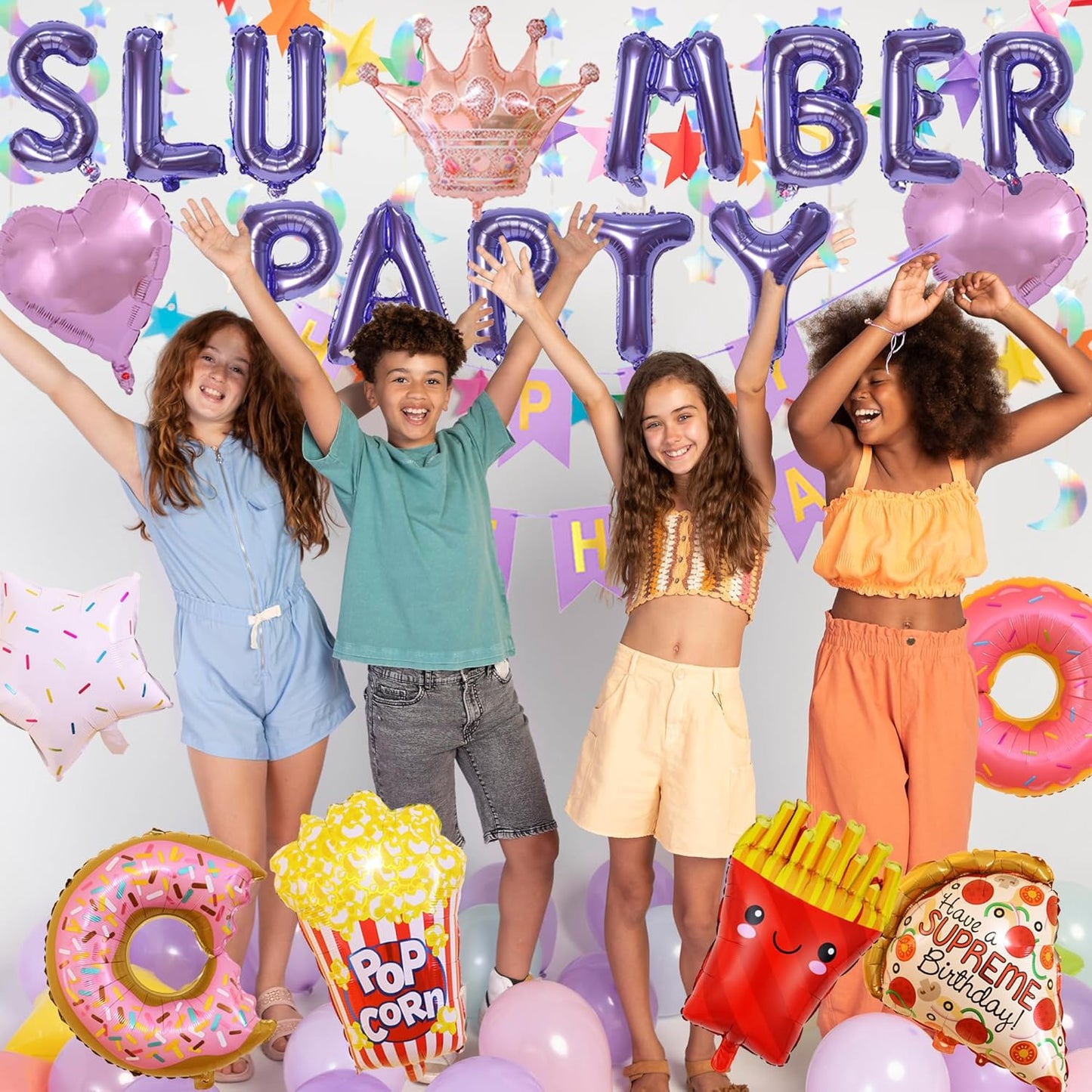 Slumber Birthday Party Supplies Girls - Purple Slumber Party Balloon Banner Large Popcorn Donut Pizza Crown Foil Balloons Set Girls Night Sleepover Pajama Theme Party Decorations