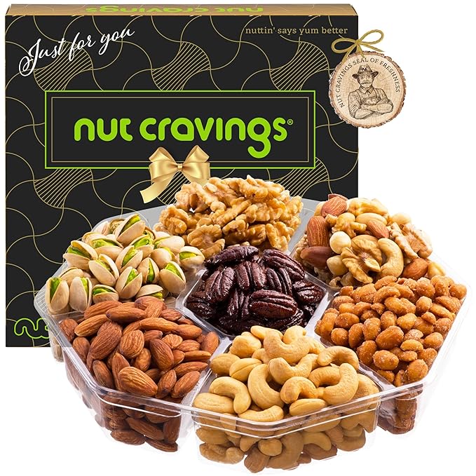NUT CRAVINGS - Halloween Treats For Adults Mixed Nuts Gift Basket in Black Gold Box (7 Assortments, 2 LB) Holiday Xmas Christmas Food Arrangement, Healthy Snack Care Package, Food Assortments