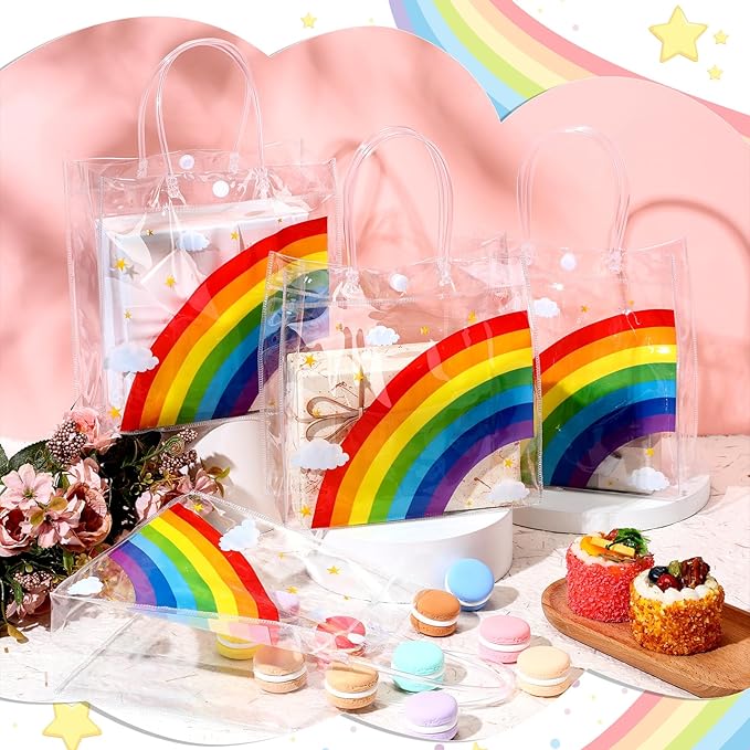 Aliceset 20 Pcs Clear Plastic Goodie Bags Party Treat Bags with Handles Rainbow Themed Favor Wrapping for Birthday Snack Candy Holiday Decoration Baby Shower Supplies, 8 x 8 x 3.15 Inch